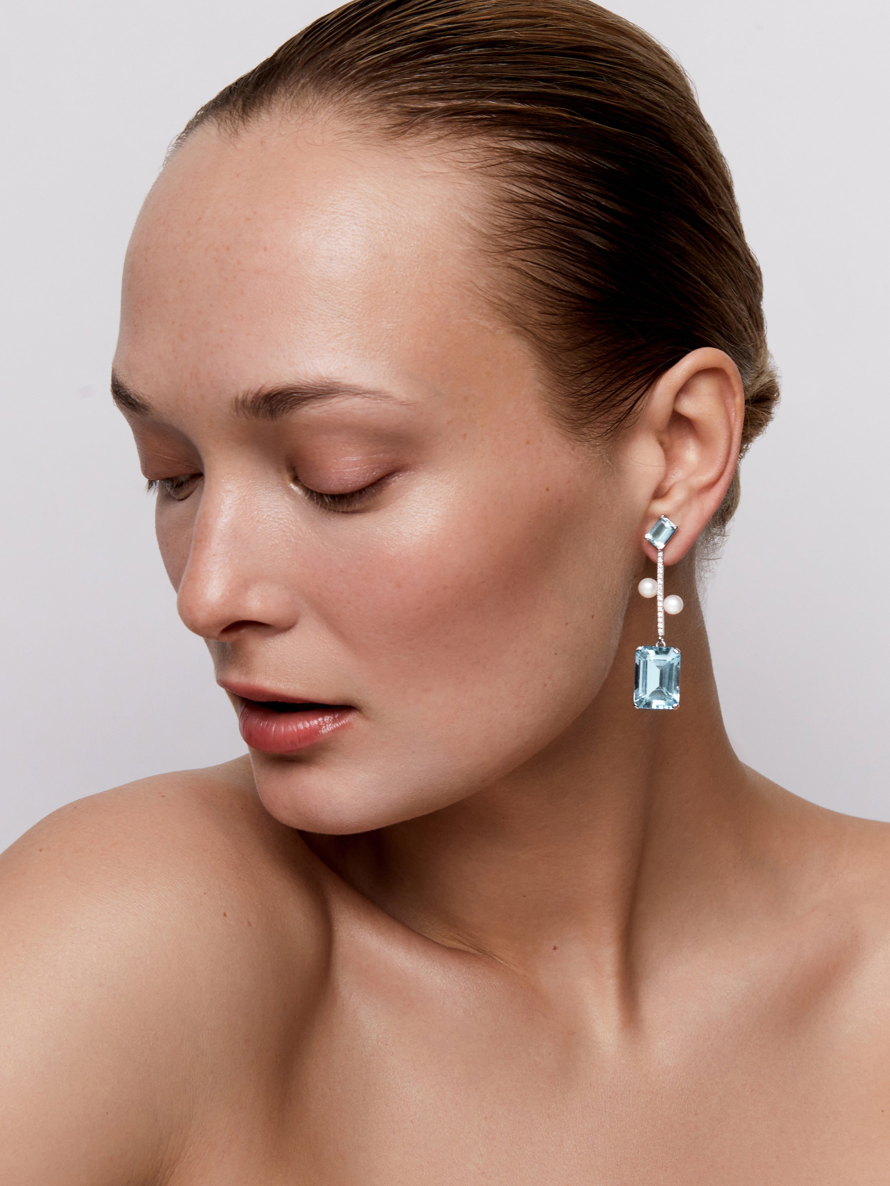 14kt Aquamarine, Blue Topaz  and Pearl Statement Earring