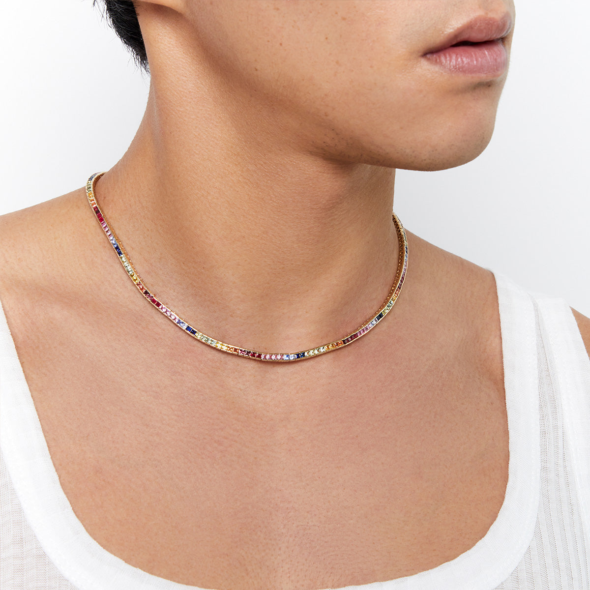 14kt Men's Rainbow Sapphire Tennis Necklace