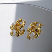 Gold Bean Hoops Pearl Earring