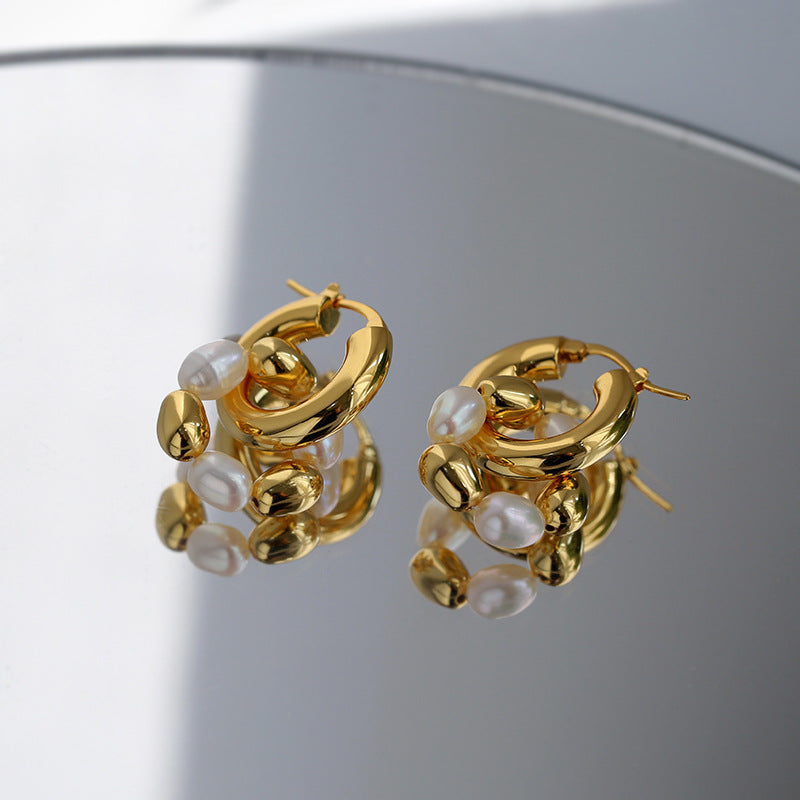 Gold Bean Hoops Pearl Earring