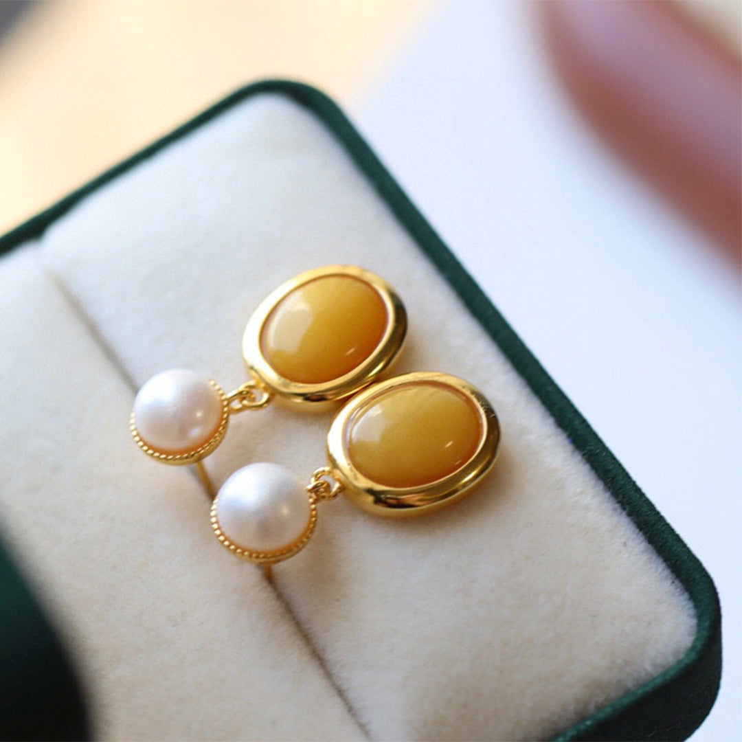 Amber Gemstones Pearl Earrings