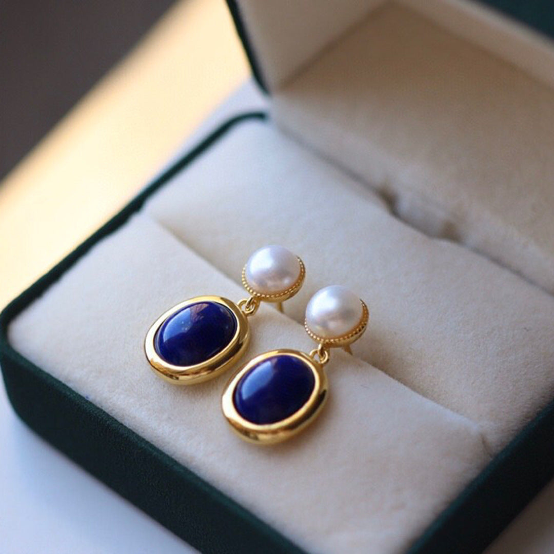 Blue Lapis Lazuli Button Pearl Drop Earrings