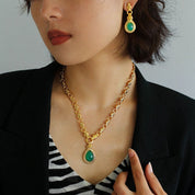 Vintage Green Crystal Chain Necklace l Earrings I Set