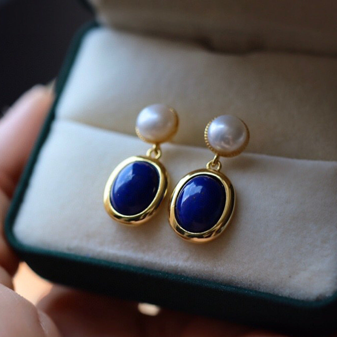 Blue Lapis Lazuli Button Pearl Drop Earrings