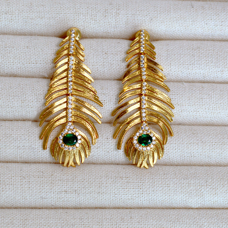 Gold Feather Zirconia Earrings