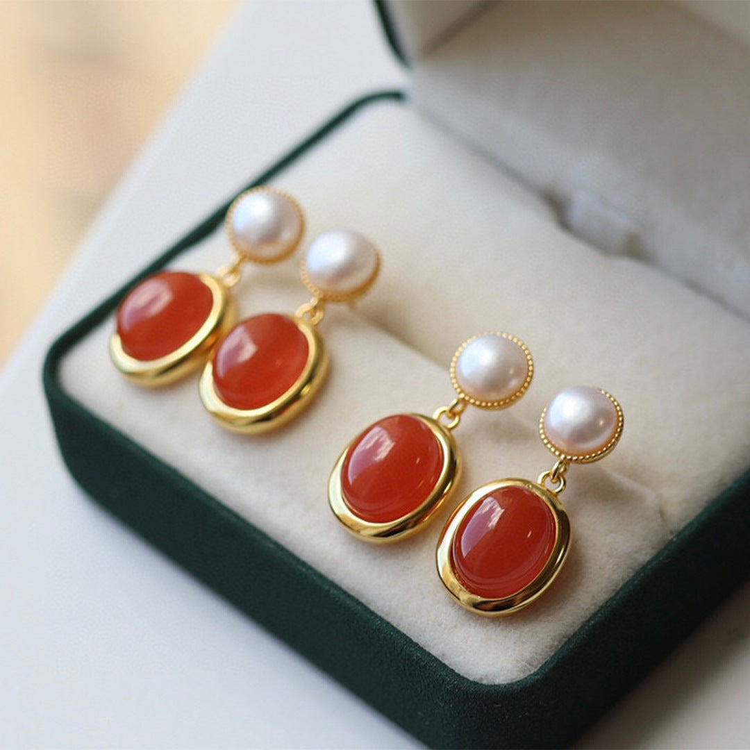 Red Agate Pearl Earrings