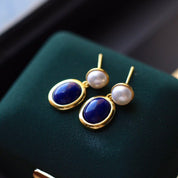 Blue Lapis Lazuli Button Pearl Drop Earrings