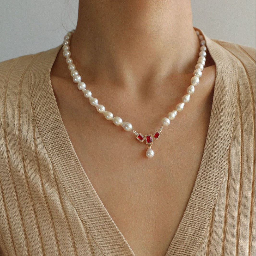 Ruby Teardrop Pearl Beaded Necklace