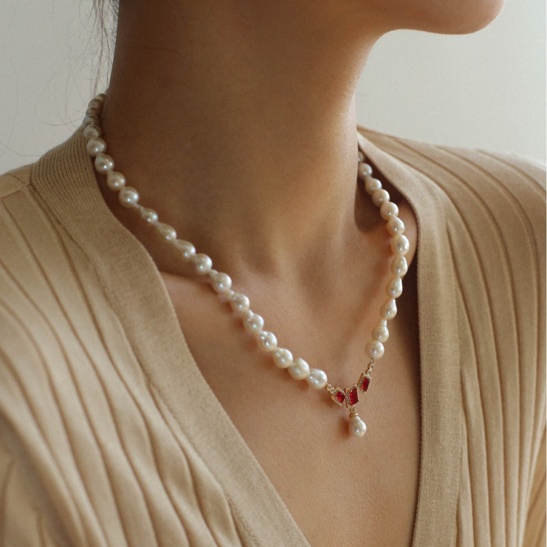 Ruby Teardrop Pearl Beaded Necklace