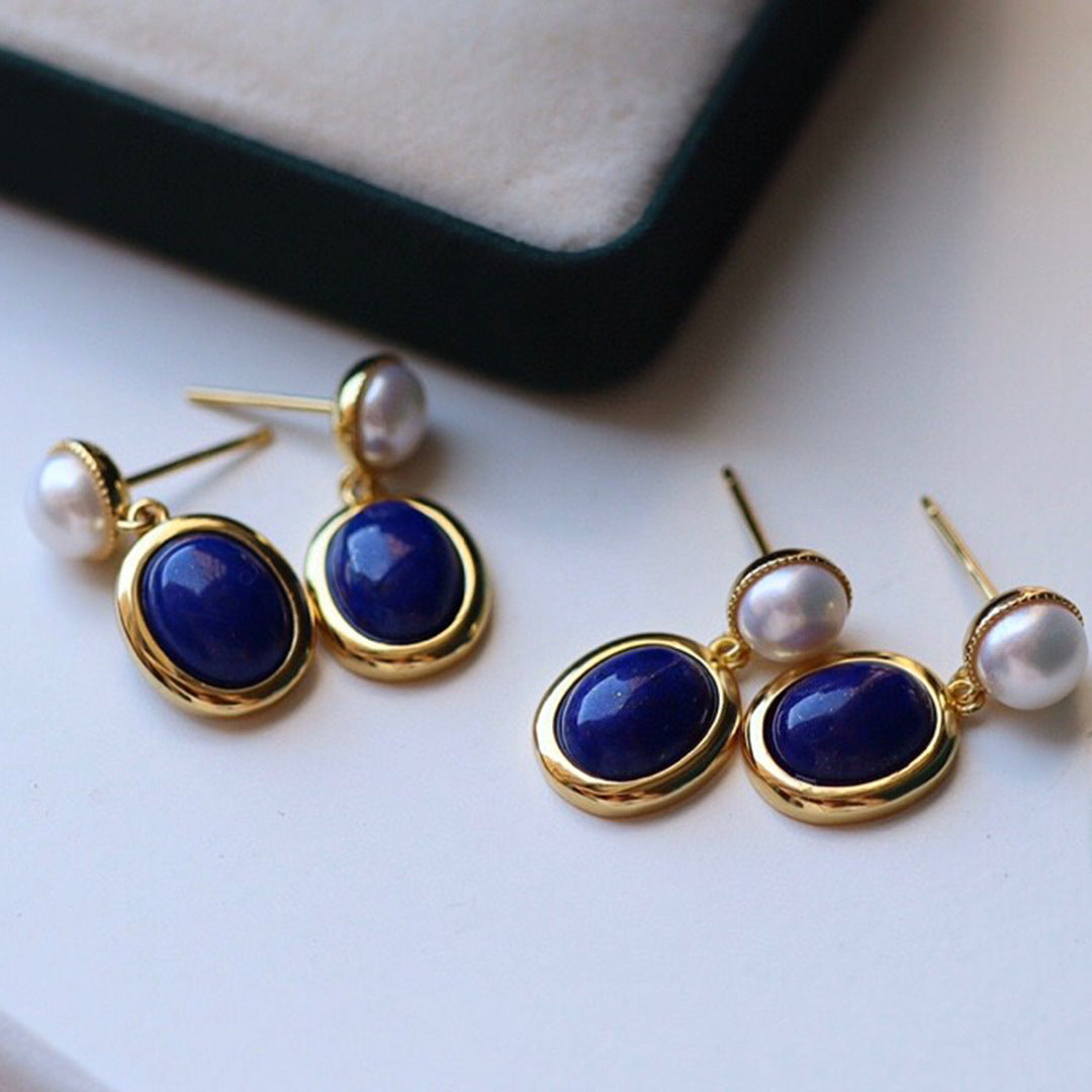 Blue Lapis Lazuli Button Pearl Drop Earrings