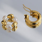 Gold Bean Hoops Pearl Earring