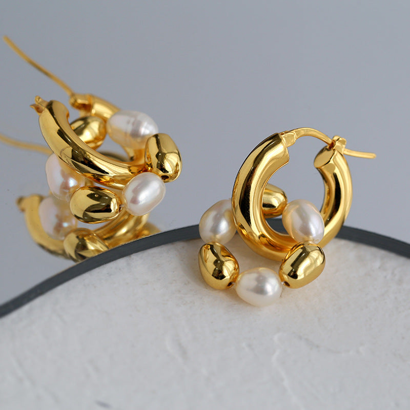 Gold Bean Hoops Pearl Earring