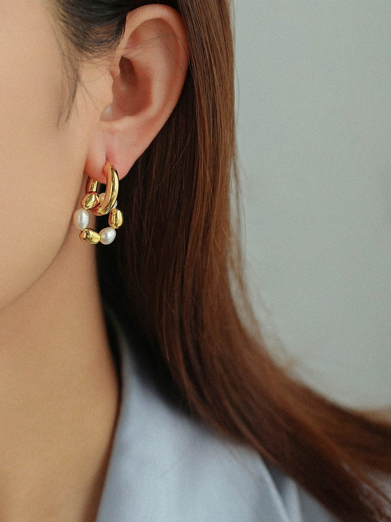 Gold Bean Hoops Pearl Earring