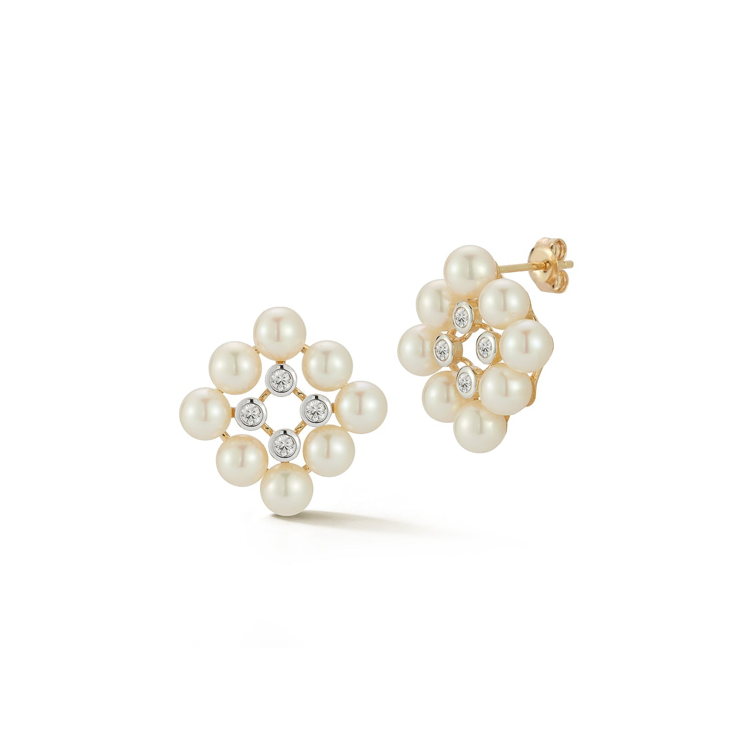 14kt Pearls and Diamond Cluster Stud Earrings