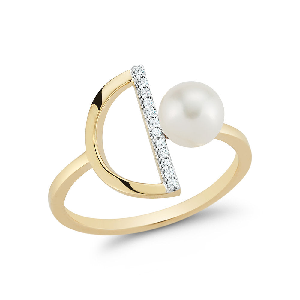 14K Gold Pearl & Diamond Half Moon Ring