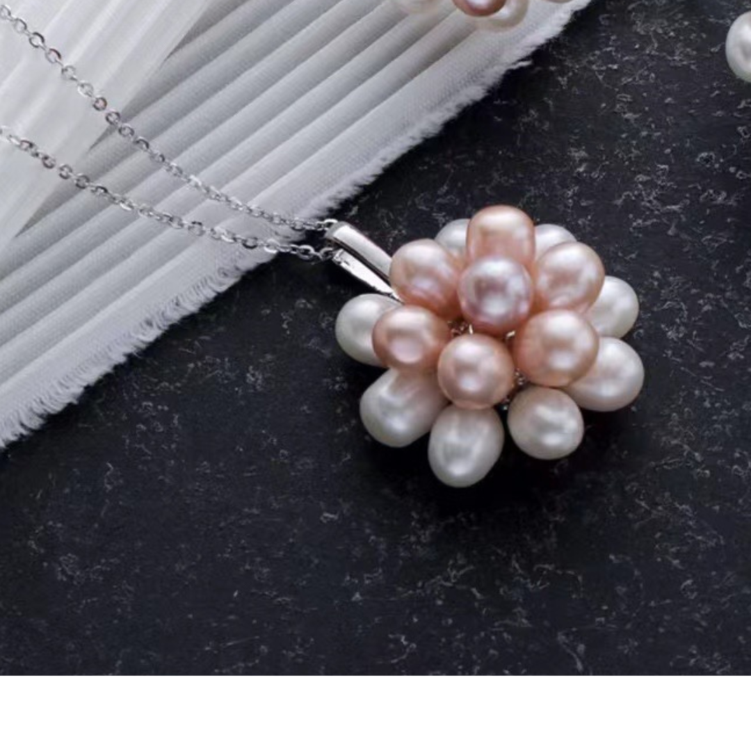 Floral Pink Rice Pearl Earrings & Pendant Necklace (Purchase Individually)