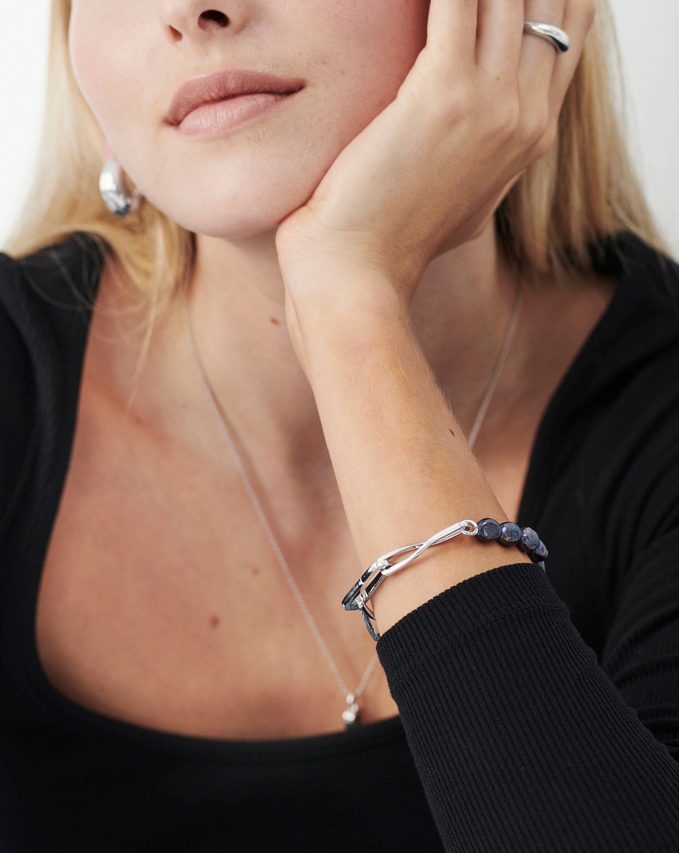 Baroque Pearl Twisted Link Bracelet | Silver Plated/Grey Pearl