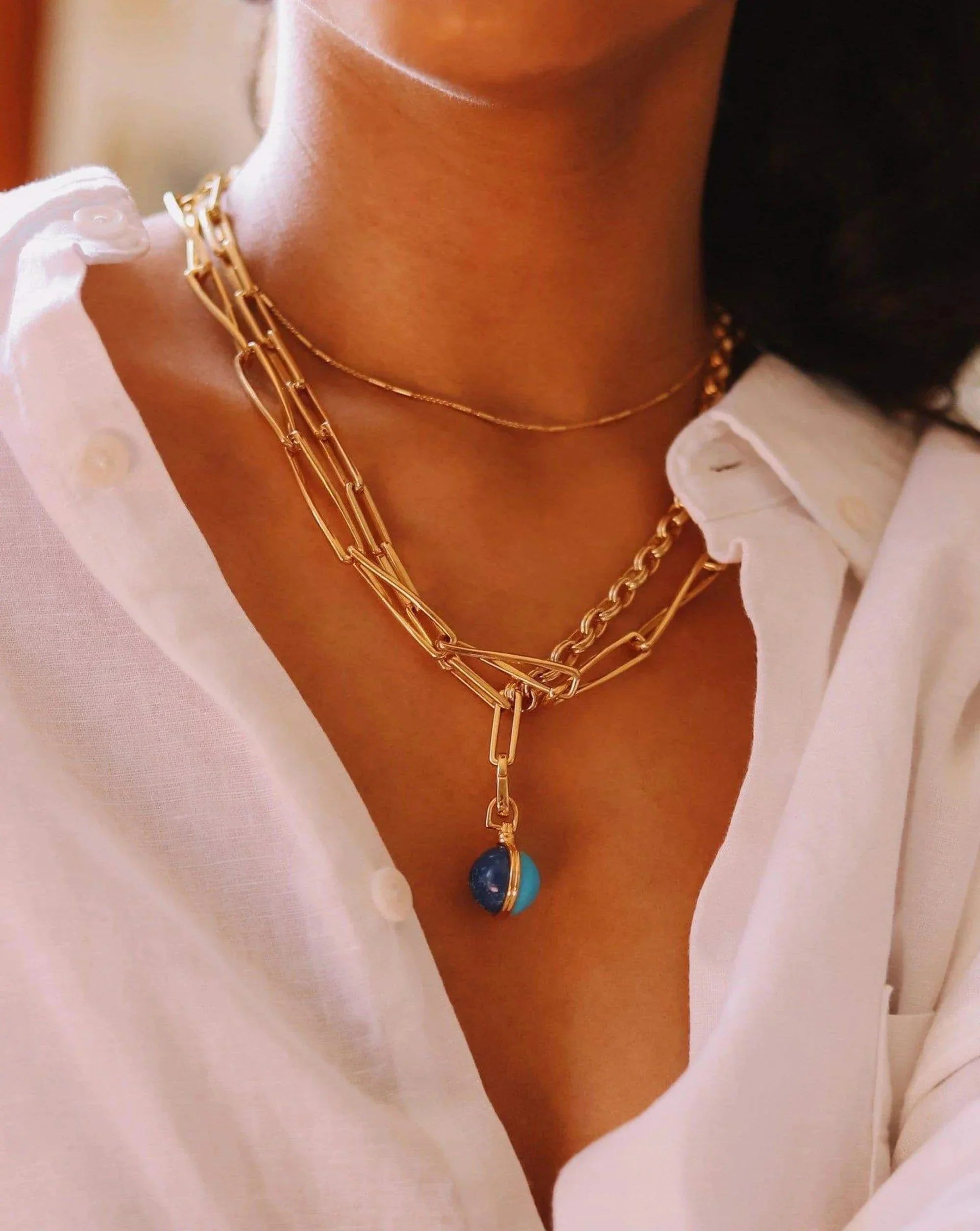 Deconstructed Axiom Sphere Chain Necklace | 18k Gold Plated / Lapis & Turquoise