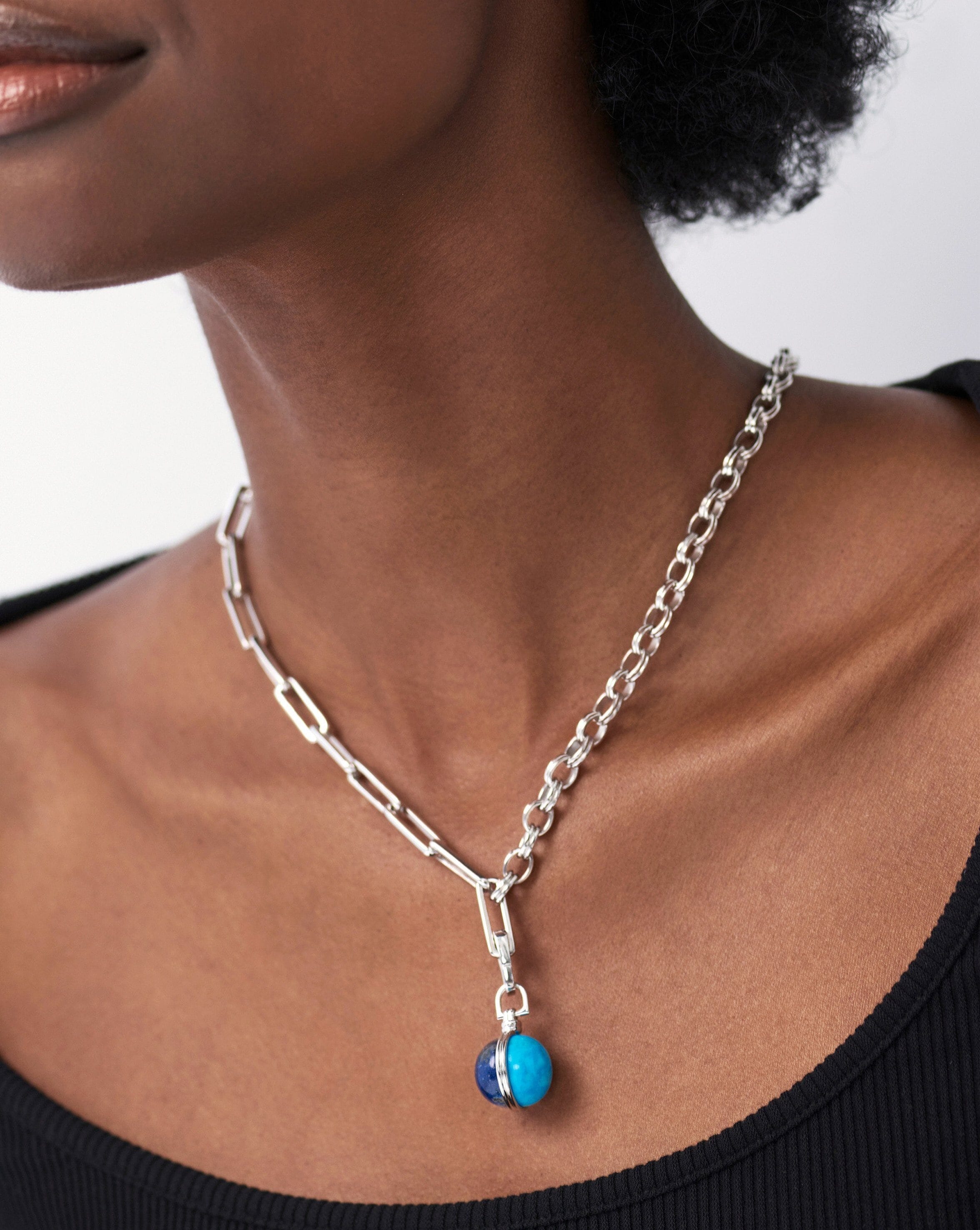 Deconstructed Axiom Sphere Chain Necklace | Silver Plated/Lapis & Turquoise