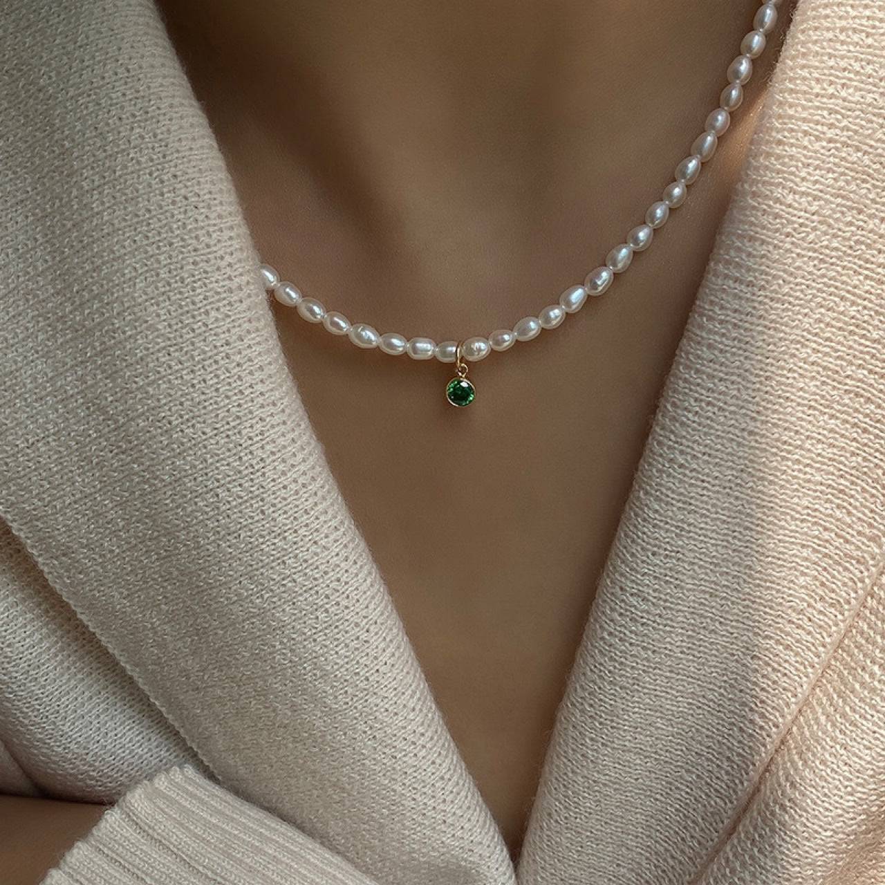 Mini Emerald Zircon Pearl Necklace