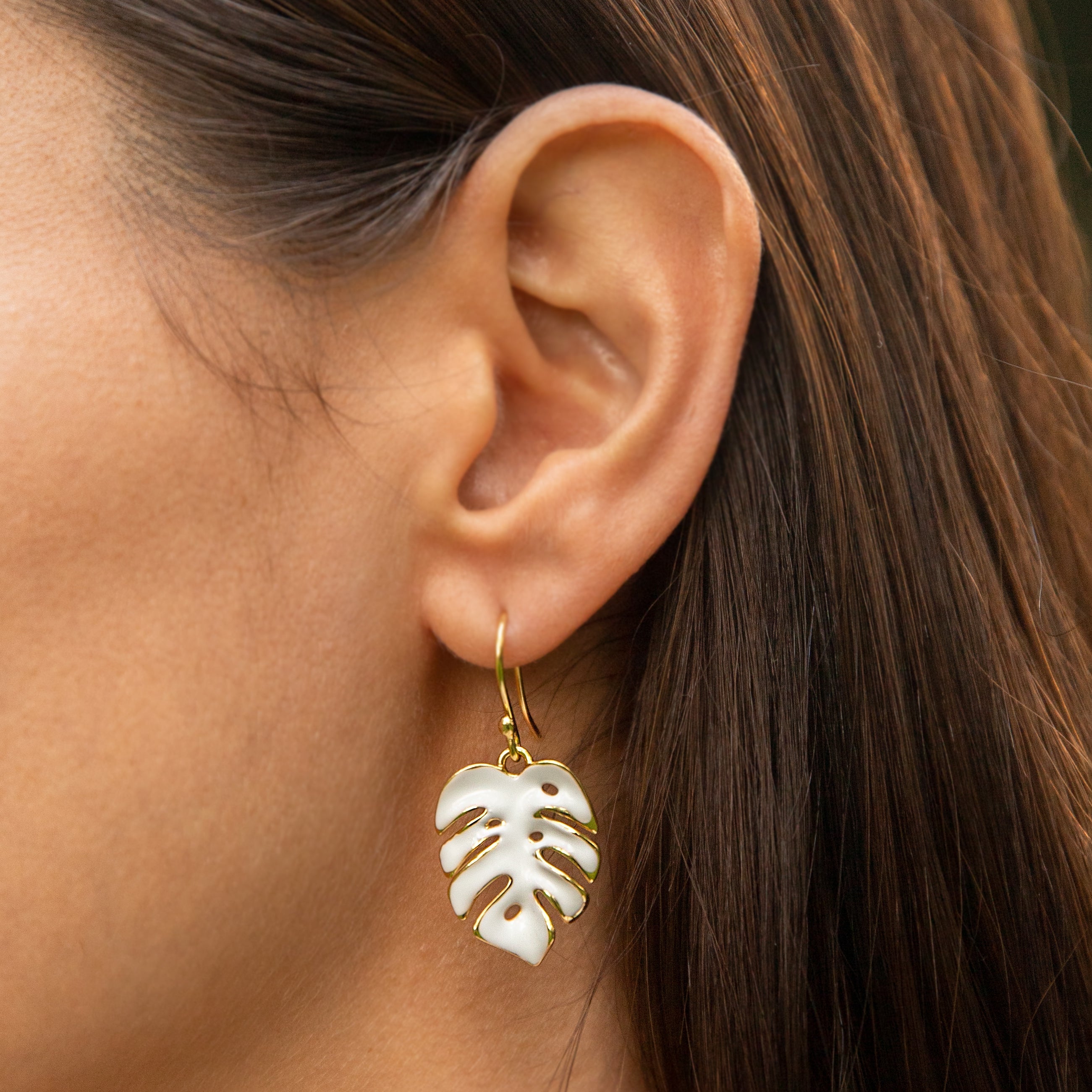 White Enamel Monstera Earring