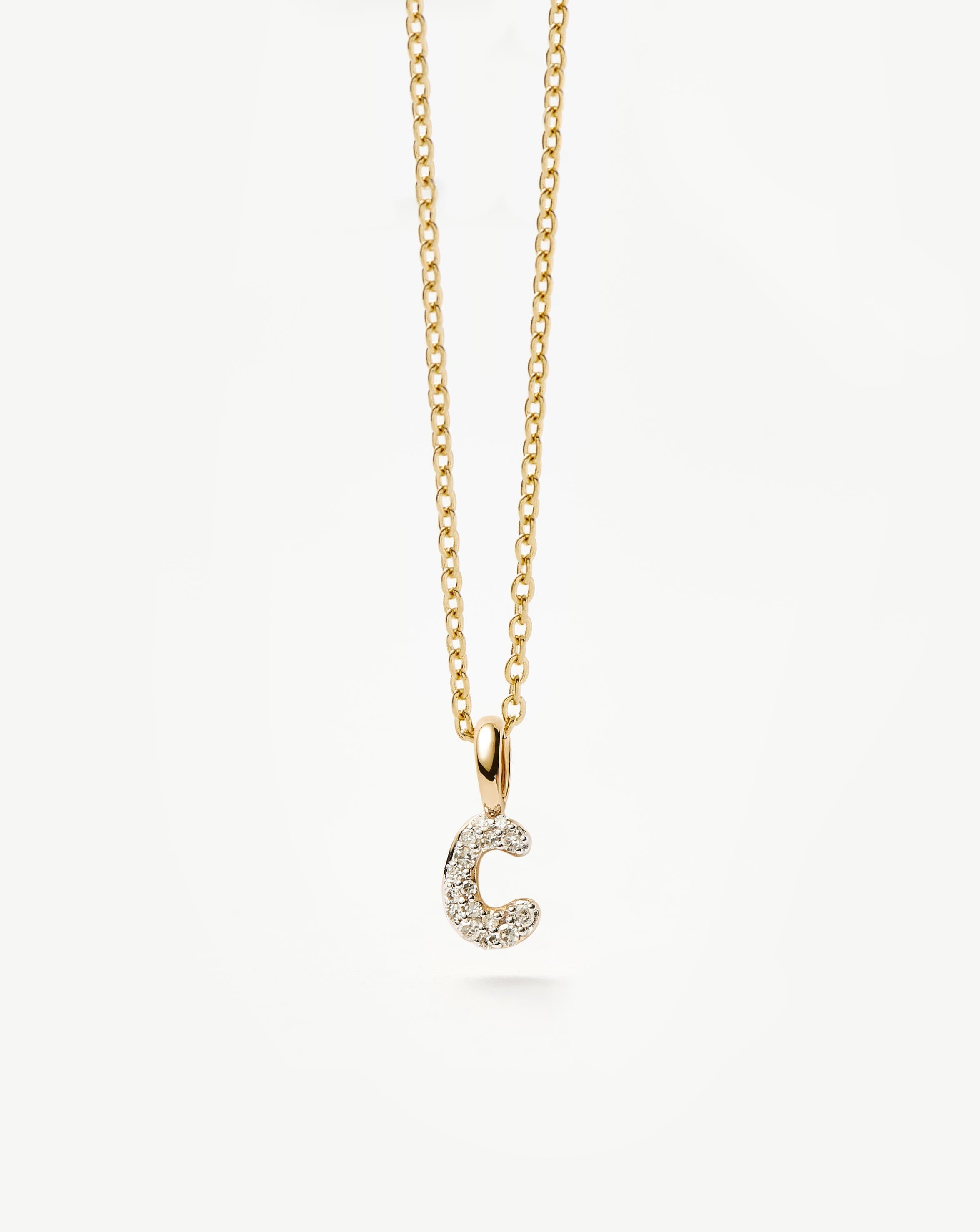 Fine Diamond Initial Mini Pendant Necklace - C | 14k Solid Yellow Gold Plated/Diamond