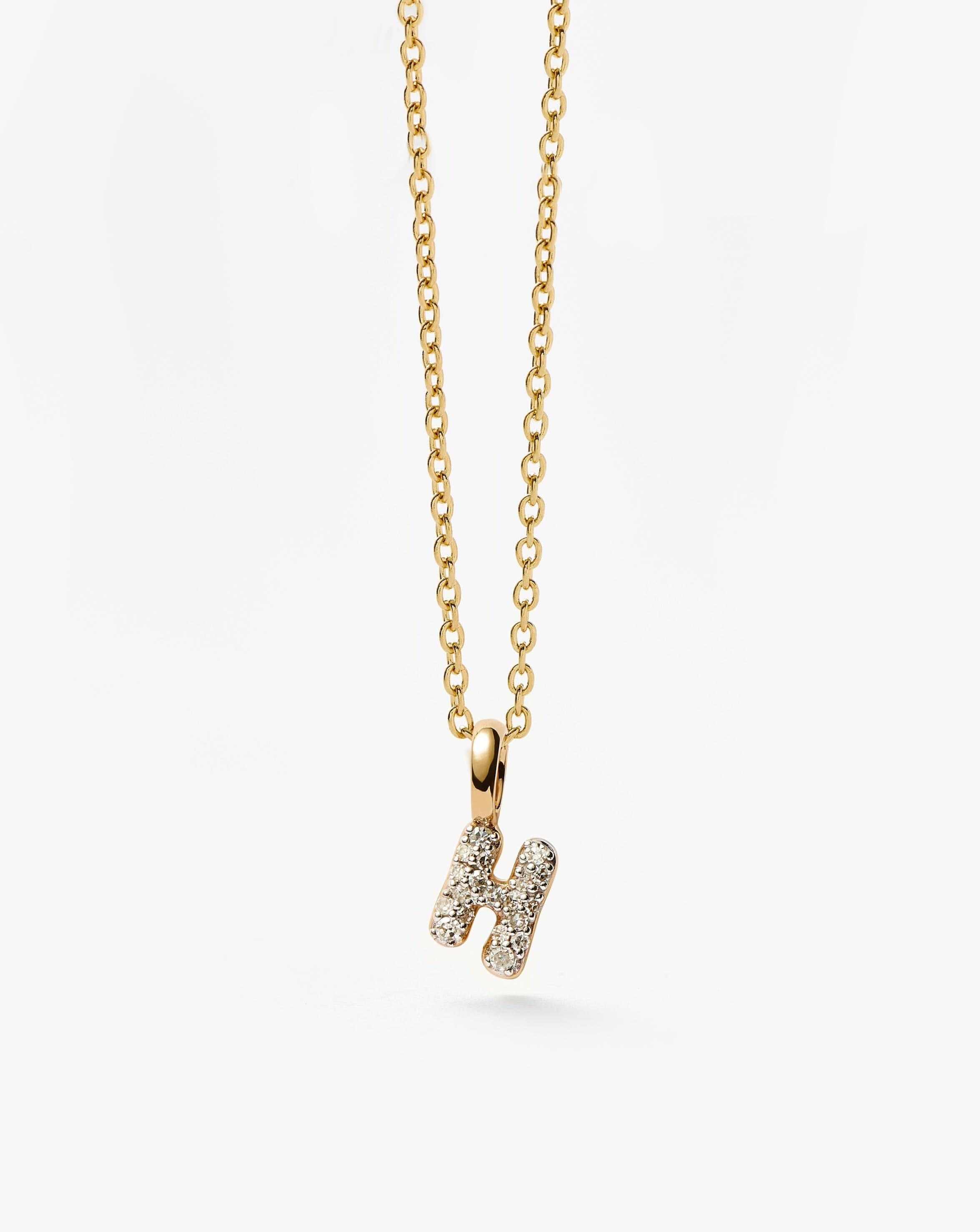 Fine Diamond Initial Mini Pendant Necklace - H | 14k Solid Yellow Gold Plated/Diamond