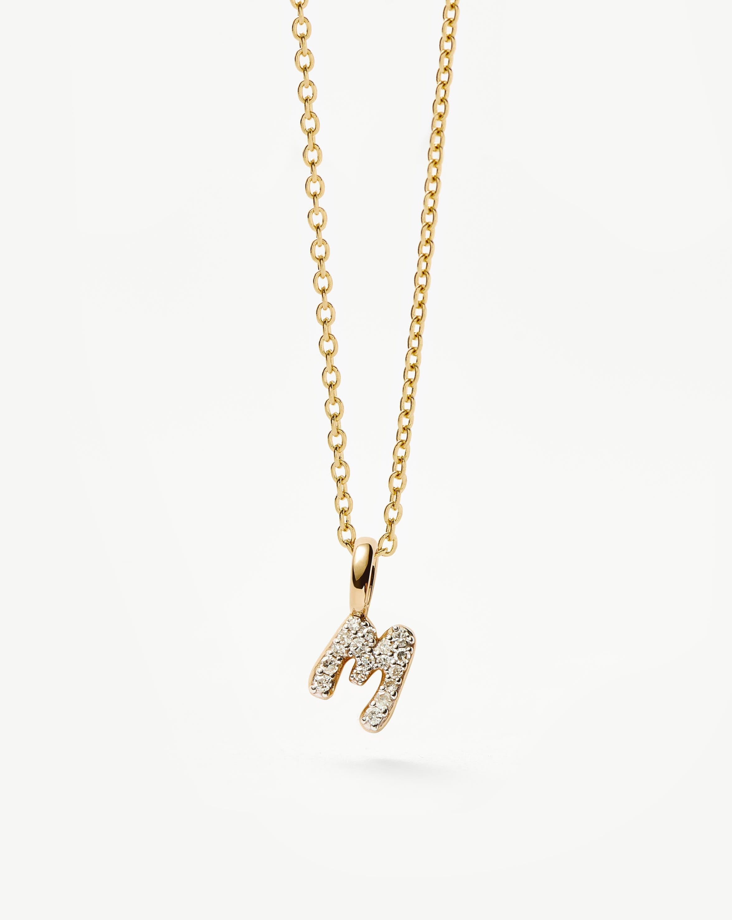 Fine Diamond Initial Mini Pendant Necklace  - M | 14k Solid Yellow Gold Plated/Diamond