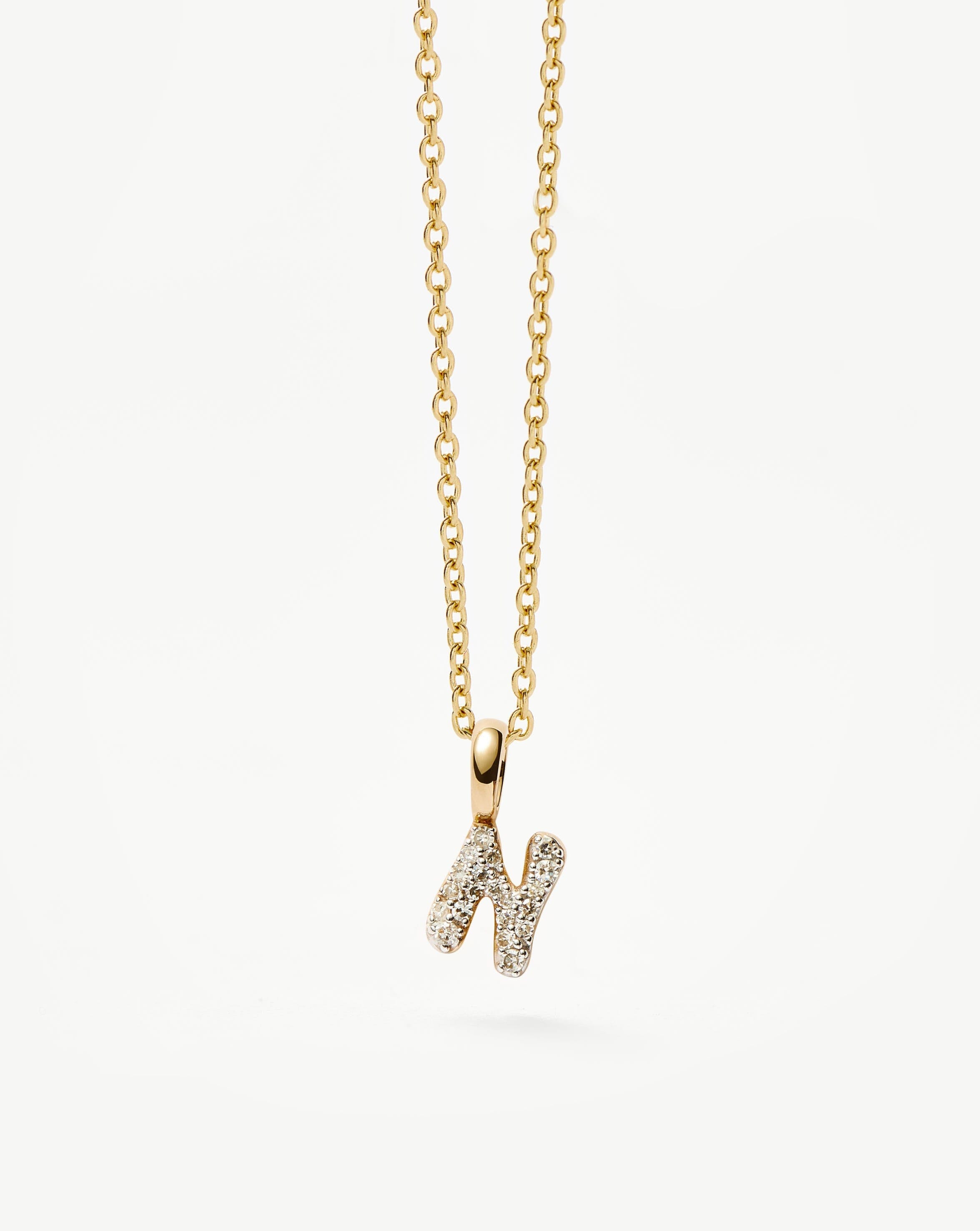 Fine Diamond Initial Mini Pendant Necklace - N | 14k Solid Yellow Gold Plated/Diamond