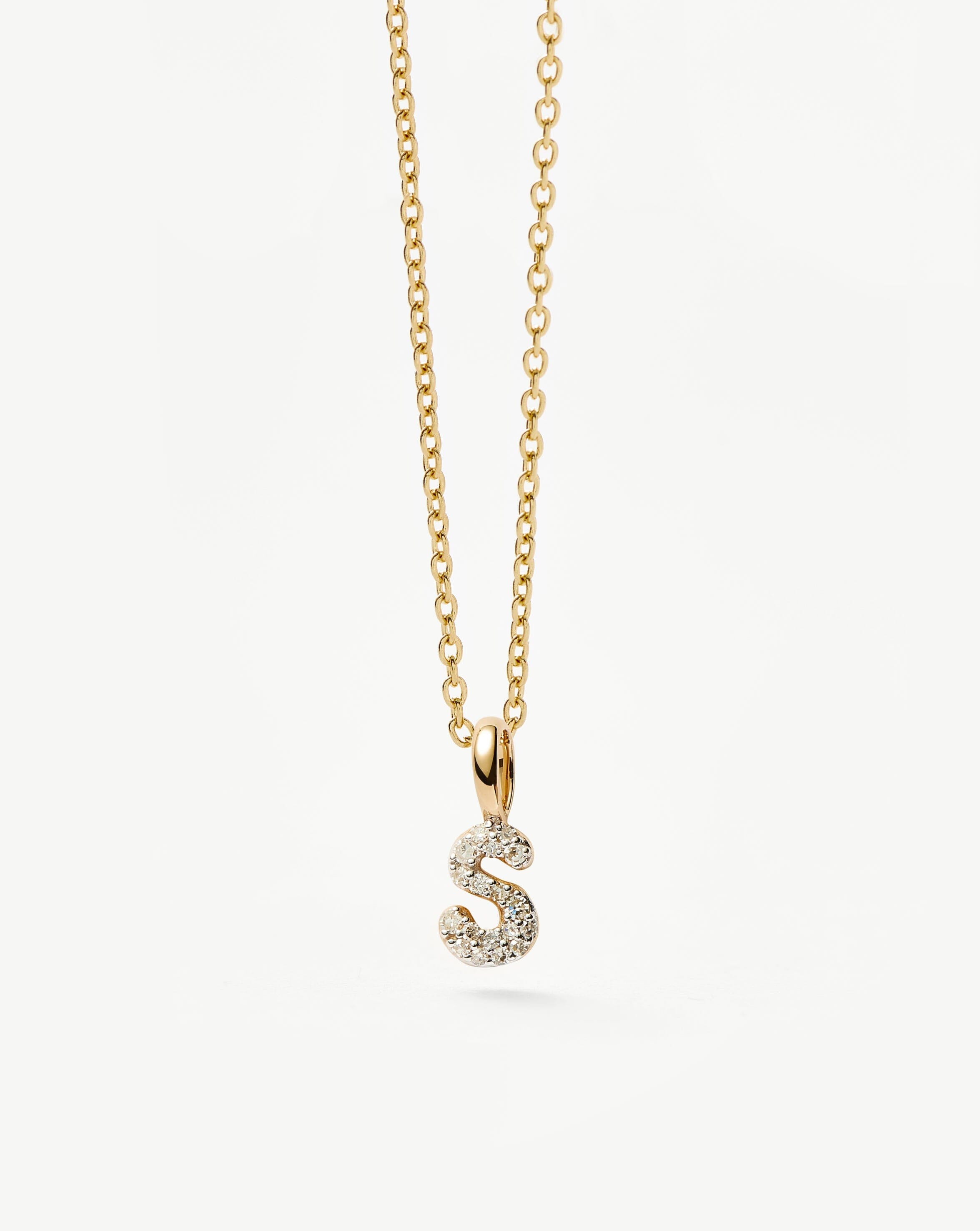 Fine Diamond Initial Mini Pendant Necklace - S | 14k Solid Yellow Gold Plated/Diamond