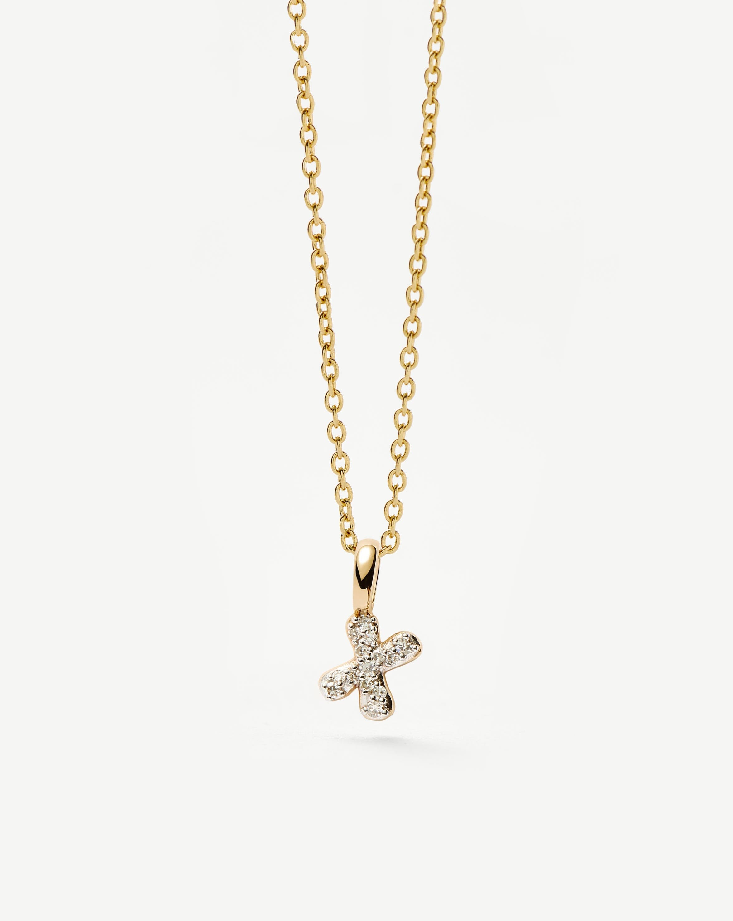 Fine Diamond Initial Mini Pendant Necklace - X | 14k Solid Yellow Gold Plated/Diamond