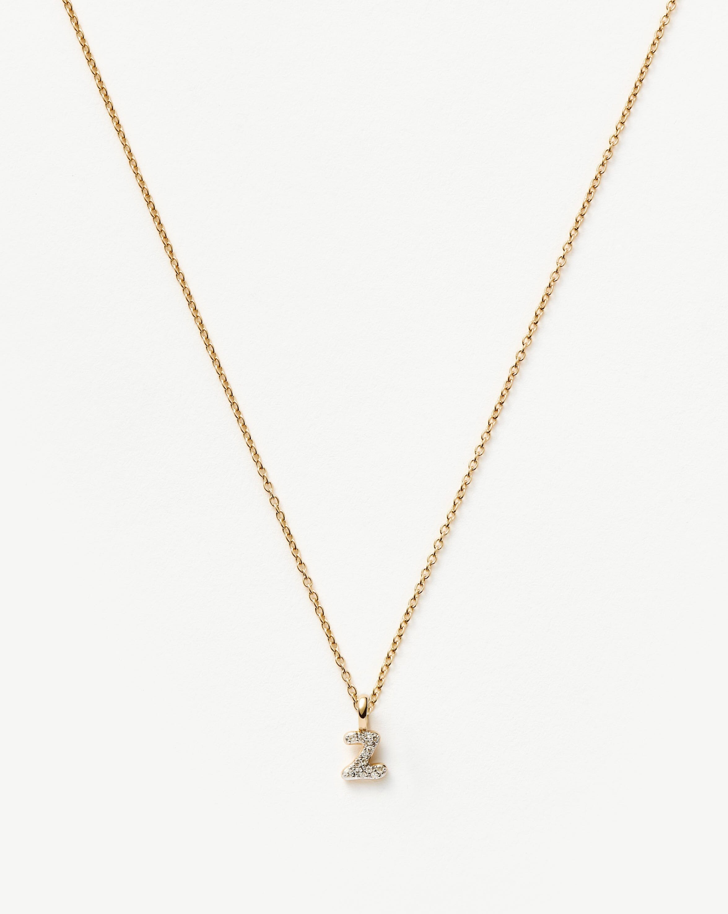 Fine Diamond Initial Mini Pendant Necklace - Z | 14k Solid Yellow Gold Plated/Diamond