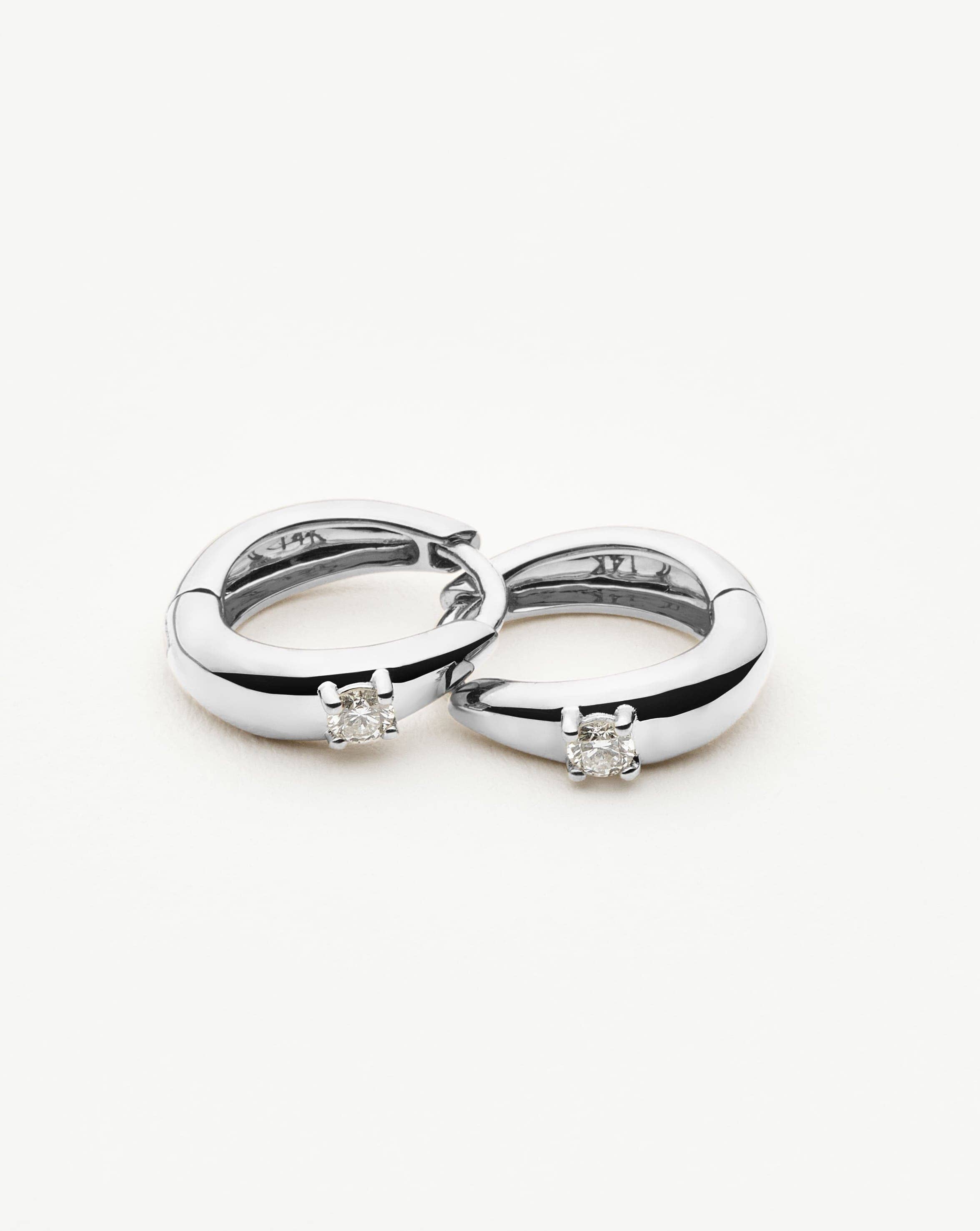 Fine Single Diamond Dome Huggies | 14k Solid White Gold/Diamond