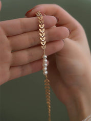 Gold Laurel Leaf Pearl Drop Necklace