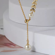 Gold Laurel Leaf Pearl Drop Necklace