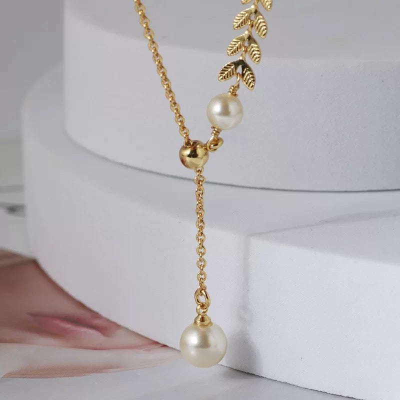 Gold Laurel Leaf Pearl Drop Necklace