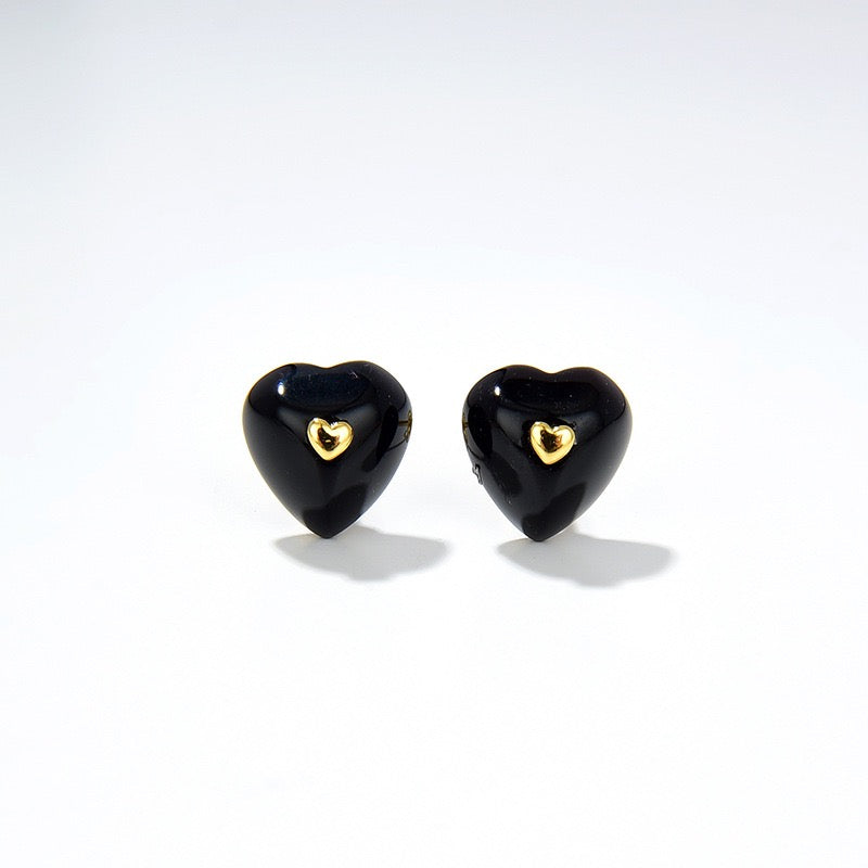 Black Agate Heart Necklace Earrings (Purchase Individually)