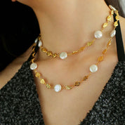 Elegant Irregular Gold Coin & Pearl Drop Necklace