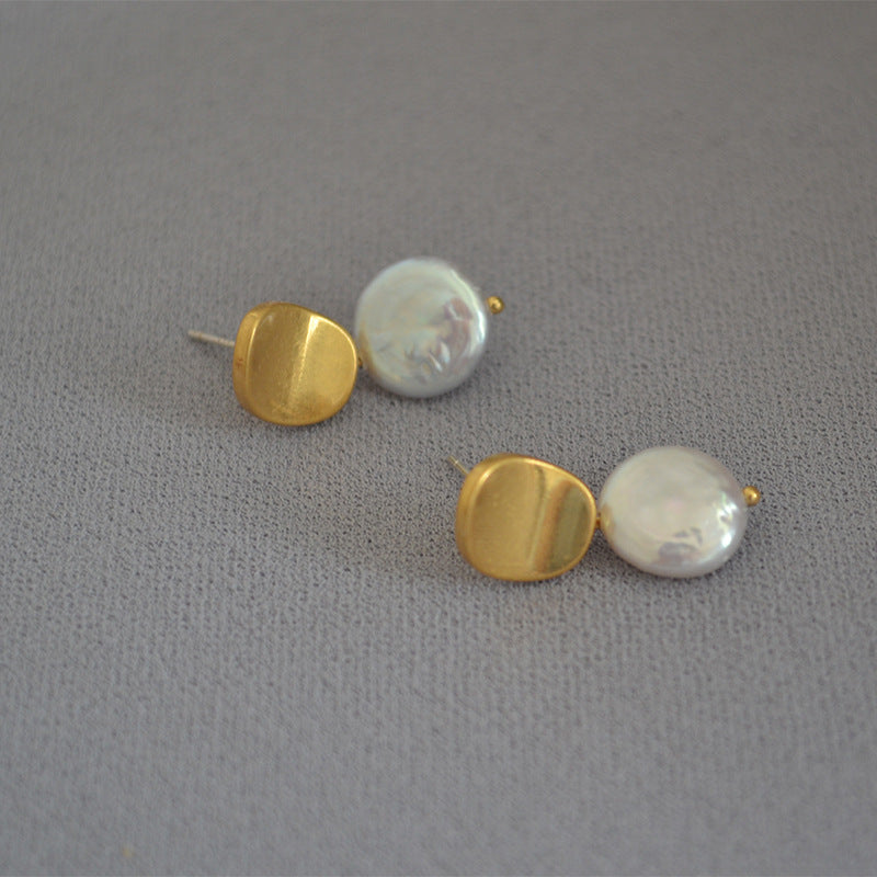 Gold Button Pearl Earrings