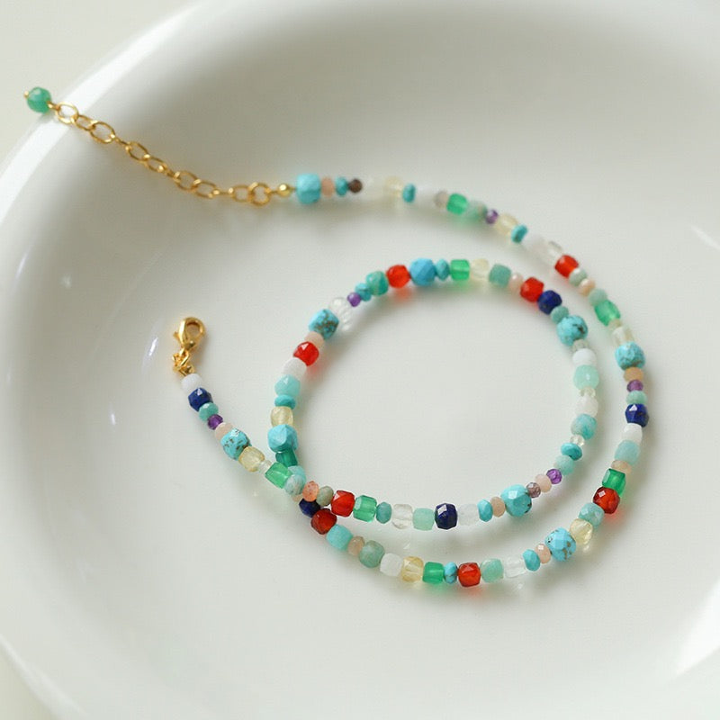 Blue Multi-gems stitching chain colorful necklace and bracelet ( Purchase Individually)