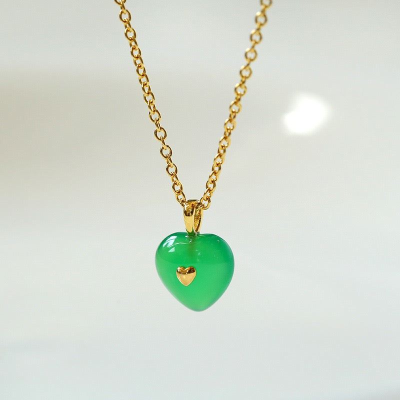 Green Agate Heart Pendant Necklace and Earrings (Purchase Individually)