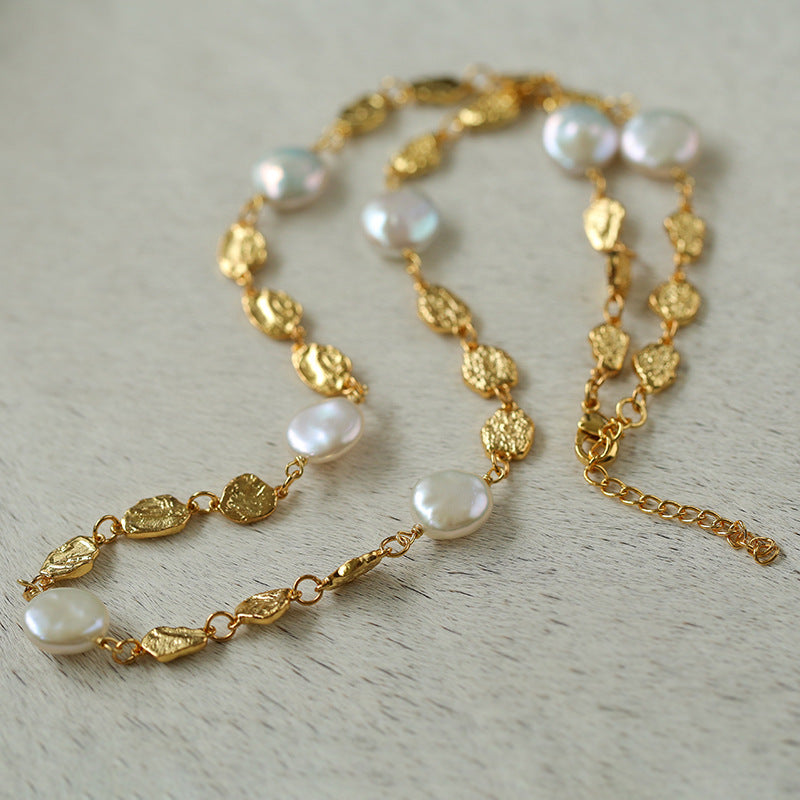 Elegant Irregular Gold Coin & Pearl Drop Necklace