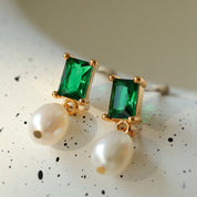 Green CZ Pearl Drop Earrings