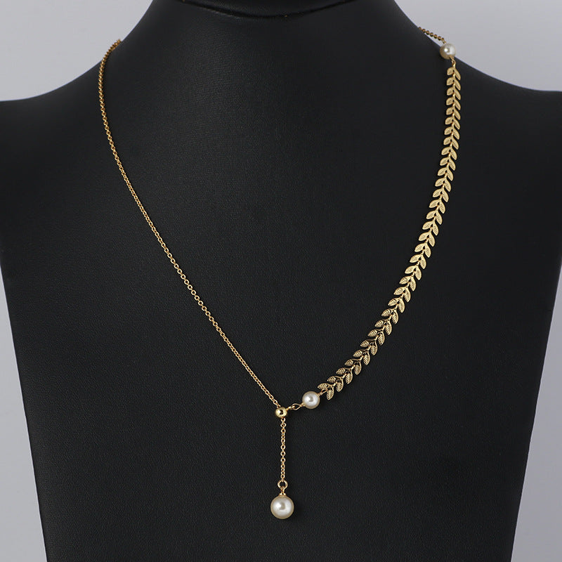 Gold Laurel Leaf Pearl Drop Necklace