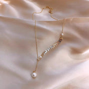 Gold Laurel Leaf Pearl Drop Necklace