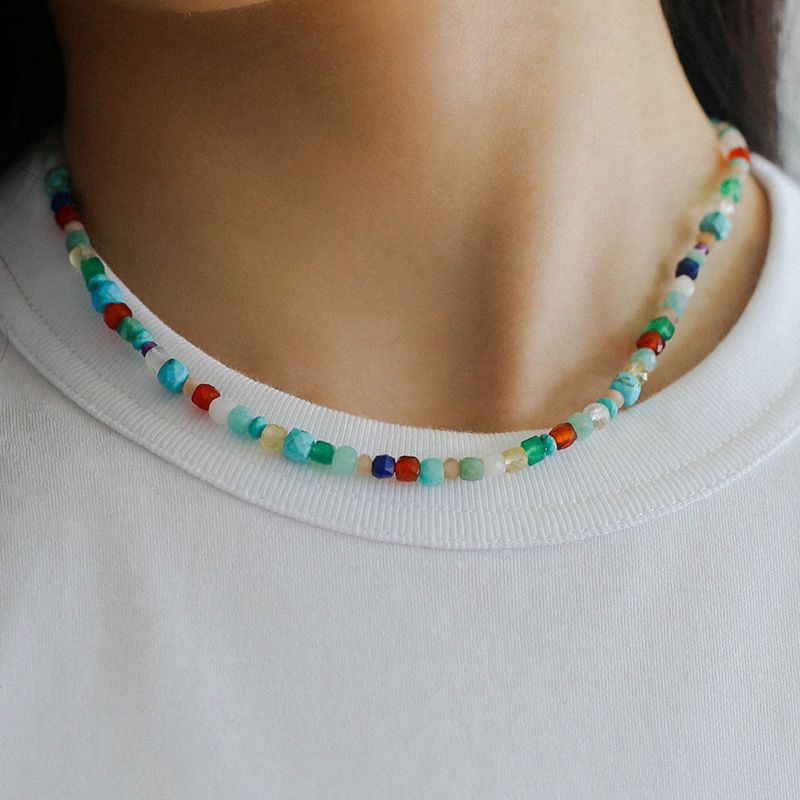 Blue Multi-gems stitching chain colorful necklace and bracelet ( Purchase Individually)