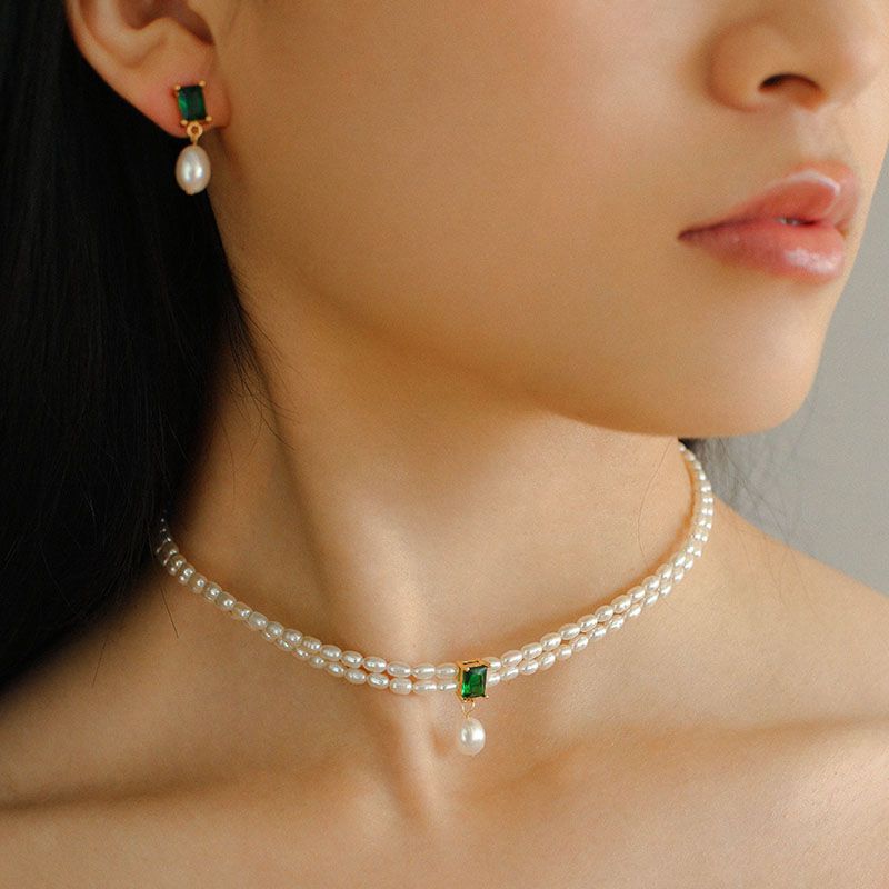 Super-Slim Freshwater Pearl Double Strand Emerald Layer Necklace