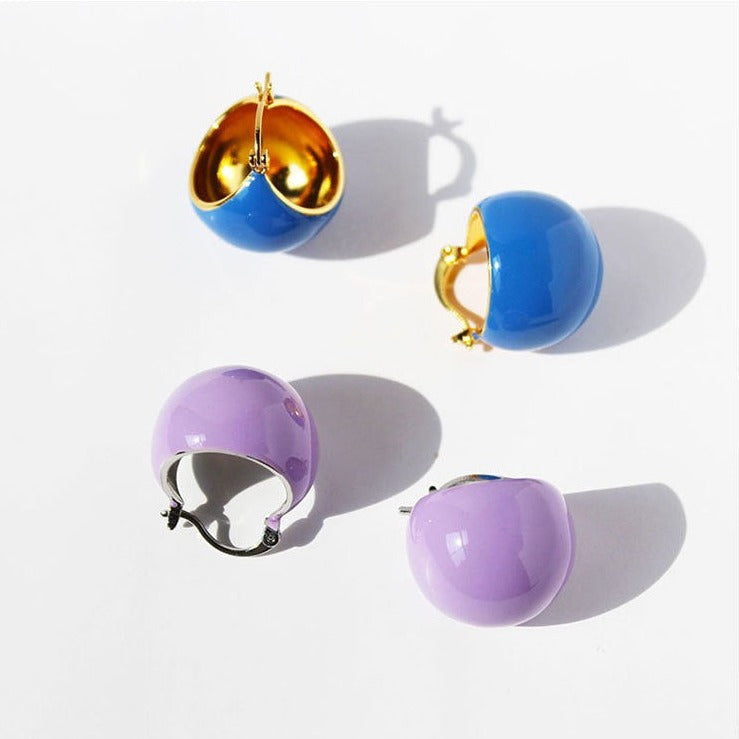 Color Enamel Round Disco Ball Hoop Stud Gold Earrings