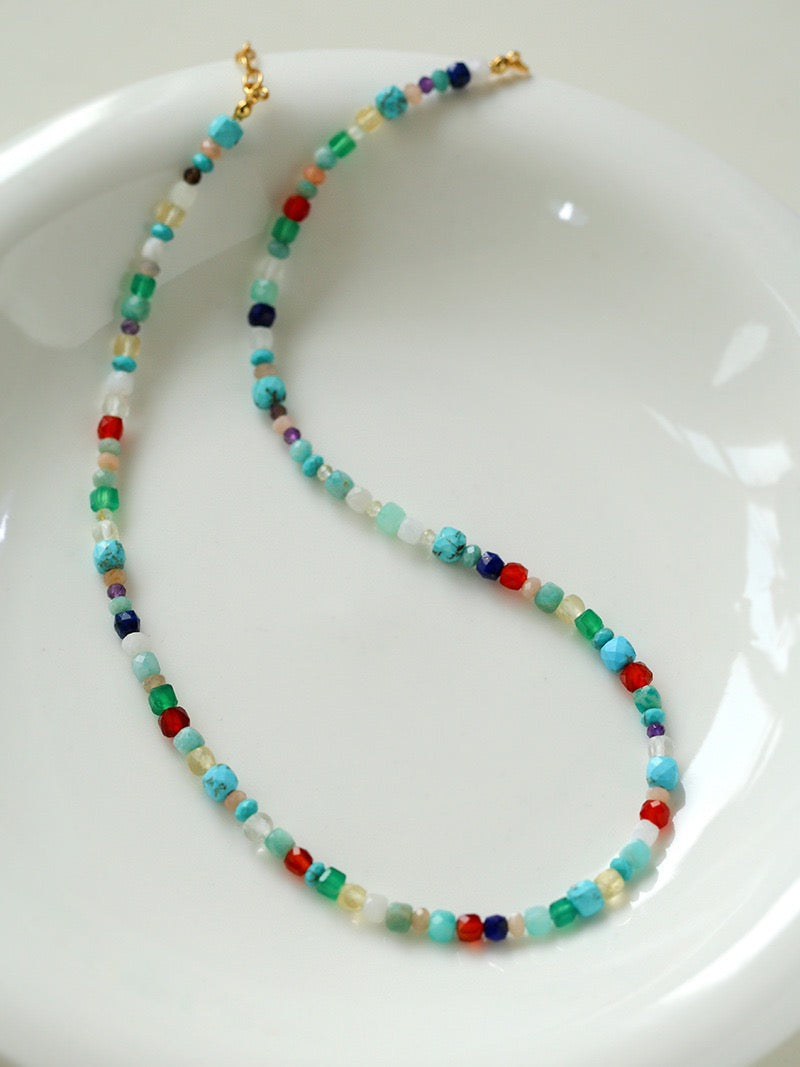 Blue Multi-gems stitching chain colorful necklace and bracelet ( Purchase Individually)