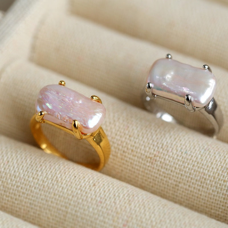 Modern Rectangle Baroque Pearl Stacking Rings